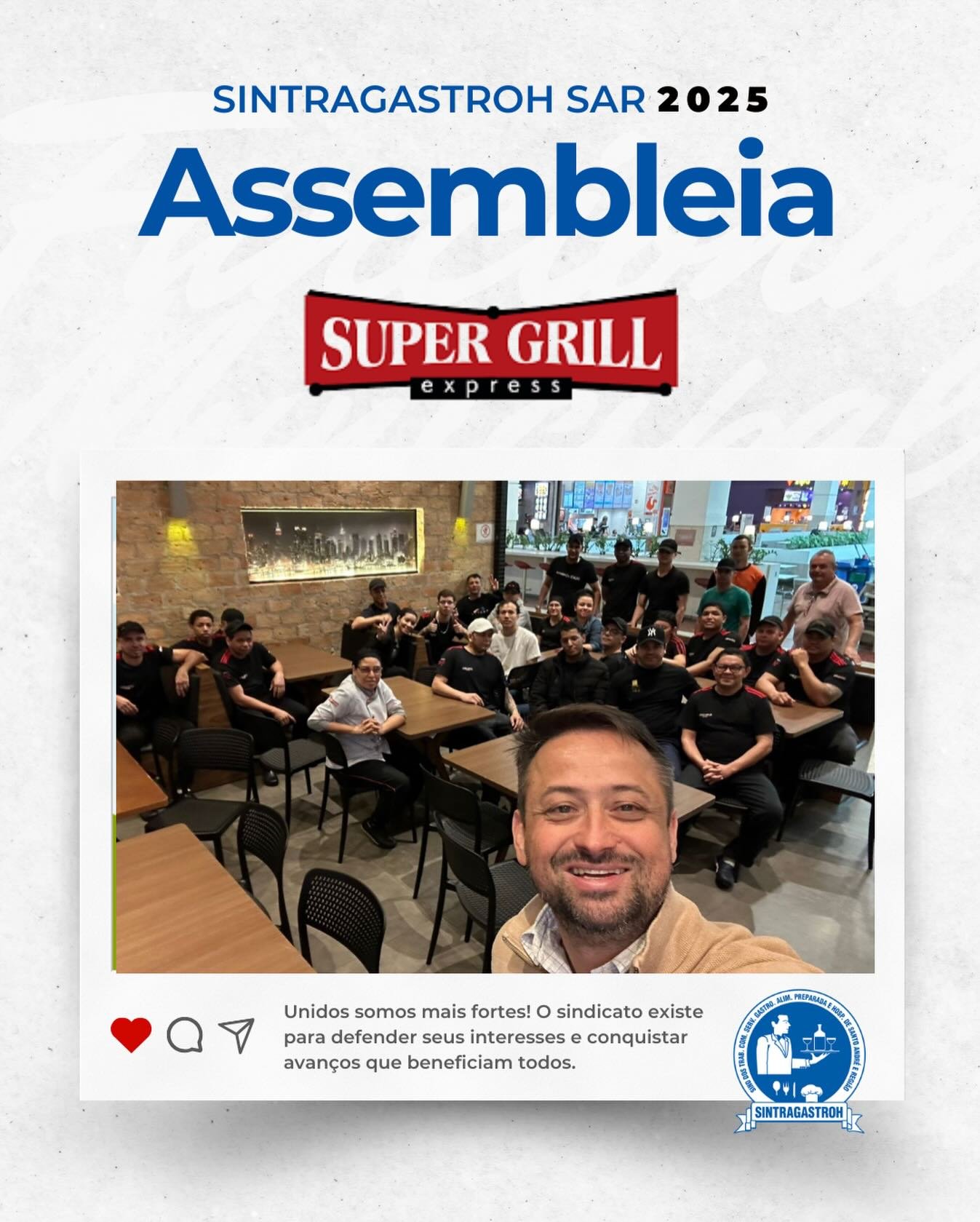 💪 Unidos nas escolhas, fortes nas conquistas!No dia 10/11 o SINTRAGASTROH SAR, representado pelos companheiro (a) @f7santana @simone.c.cardoso @candido5911 esteve presente em mais uma assembleia de base com os(as) trabalhadores(as) do Super Grill em Santo André no Grand Plaza Shopping. O debate girou em torno da Intrajornada e Banco de Horas.📣 O que está em jogo é o nosso tempo, a nossa jornada e o nosso direito de decidir! A assembleia não é mera formalidade: é ato de resistência, de escuta e de decisão popular!📌 Com transparência e firmeza, mostramos que nenhum acordo deve ser feito sem a participação da base! É a categoria quem define o que é justo, viável e necessário.🗣️ Assembleia é o campo de batalha da democracia operária.
🤝🏽 É na organização que mostramos nossa força.
✊🏽 É com sindicato forte que enfrentamos patrões e garantimos direitos!A todos(as) que participaram: nosso muito obrigado pela disposição de luta!🚩 O sindicato é feito por quem trabalha e luta por quem vive do próprio suor!Fique sócio(a), fique mais forte!
🌐 sintragastrohsar.com.br📍 Sede: Av. Padre Anchieta, 315 – Santo André
📞 (11) 4979-4420 | ✅ WhatsApp: (11) 94724-1425📍 Subsede: Pç. 22 de Novembro, 102 – Sala 118 – Mauá
📞 (11) 4519-7002 | ✅ WhatsApp: (11) 94701-6449
