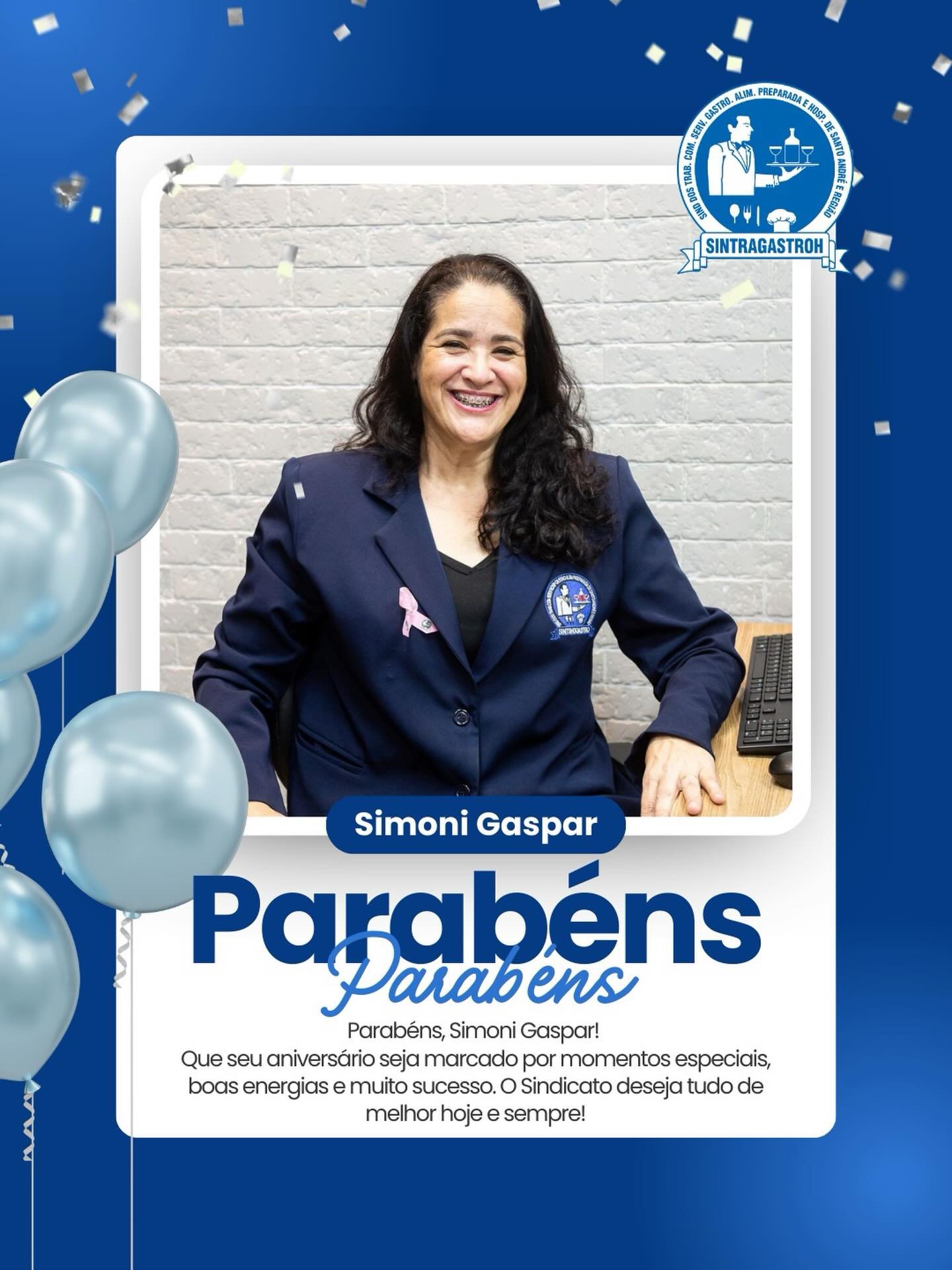 Parabéns @simonigaspar 🥳Que seu novo ano seja de muitas vitórias, saúde e momentos especiais. Agradecemos pela dedicação e parceria no dia a dia do Sindicato.Felicidades hoje e sempre! 💙