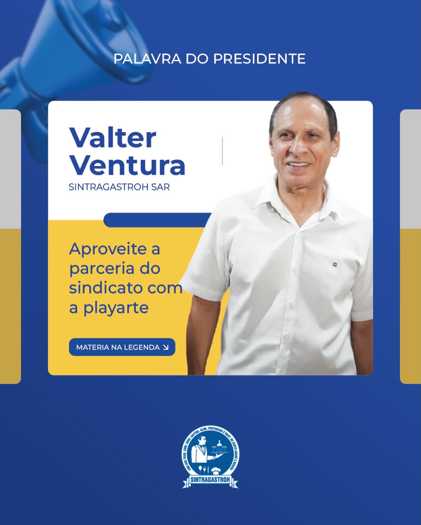 🚨 PALAVRA DO PRESIDENTE!APROVEITE A PARCERIA DO SINDICATO COM A PLAYARTEQuero usar hoje esse nosso canal de comunicação semanal lembrar você associado da parceria entre o Sindicato e a Rede PlayArte de Cinemas que disponibiliza 50% de desconto na sua diversão quando for assistir a qualquer filme.Para facilitar ainda mais a sua vida, basta você entrar no site do nosso sindicato e lá clicar em cima do link da PlayArte. Vai aparecer a programação completa dos filmes que serão exibidos naquela semana e os seus respectivos horários.Na região do Grande ABC a PlayArte mantém administração de cinemas em dois shoppings. É só você escolher o mais perto. Tanto pode ser no Shopping ABC, na Avenida Pereira Barreto, 42, em Santo André, ou no Shopping Praça da Moça, na Rua Manoel de Nóbrega, 712, em Diadema.Valter Ventura Oliveira
Presidente do SINTRAGASTROH SARNÃO FIQUE SÓ FIQUE SÓCIO! ✋🏻
http://sintragastrohsar.com.br/Sede: Av. Padre Anchieta, 315 - Santo André
☎️ (11) 4979-4420
✅ (11) 94724-1425SubSede: Pç. 22 de Novembro, 102 Sala 118 - Mauá
☎️ (11) 4519-7002
✅ (11) 94701-6449