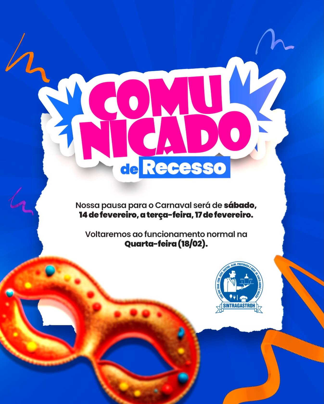 Vamos fazer uma pausa rápida no Carnaval, mas na quarta-feira já estamos de volta, a todo vapor, para seguir atendendo você. Bom feriado! 😉NÃO FIQUE SÓ FIQUE SÓCIO! ✋🏻
http://sintragastrohsar.com.br/Sede: Av. Padre Anchieta, 315 - Santo André
☎️ (11) 4979-4420
✅ (11) 94724-1425SubSede: Pç. 22 de Novembro, 102 Sala 118 - Mauá
☎️ (11) 4519-7002
✅ (11) 94701-6449