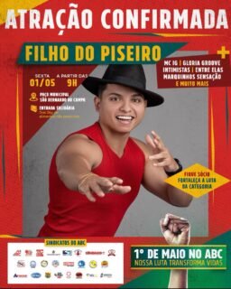 BUH BUH 🗣️🗣️ @filhodopiseiro tá confirmado no 1º de Maio no ABC! 🔥Vai ter música, celebração e muita energia para marcar esse grande encontro da classe trabalhadora, em um dia de festa, solidariedade e luta por direitos.📅 1º de maio
⏰ A partir das 9h
📍 Paço Municipal de São Bernardo do Campo
Entrada solidária com 2kg de alimentos não perecíveisNossa luta transforma vidas ✊