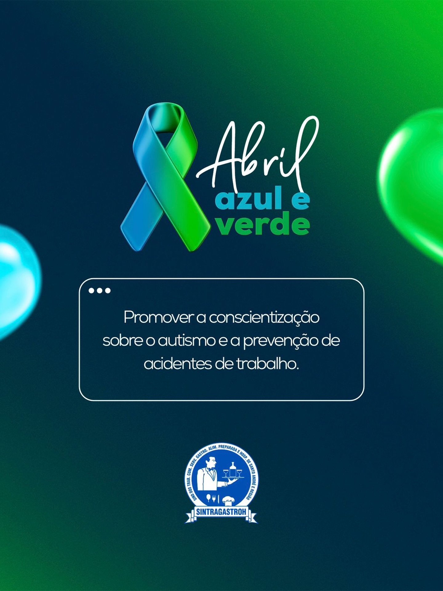 Abril é um mês marcado por duas importantes campanhas de conscientização. 💙💚Verde reforça a importância da prevenção de acidentes e doenças no ambiente de trabalho, destacando a necessidade de condições seguras, uso de EPIs e responsabilidade das empresas.Azul chama atenção para o respeito, a inclusão e a conscientização sobre o Transtorno do Espectro Autista (TEA).O sindicato segue na luta por um ambiente de trabalho mais seguro, humano e inclusivo para todos.