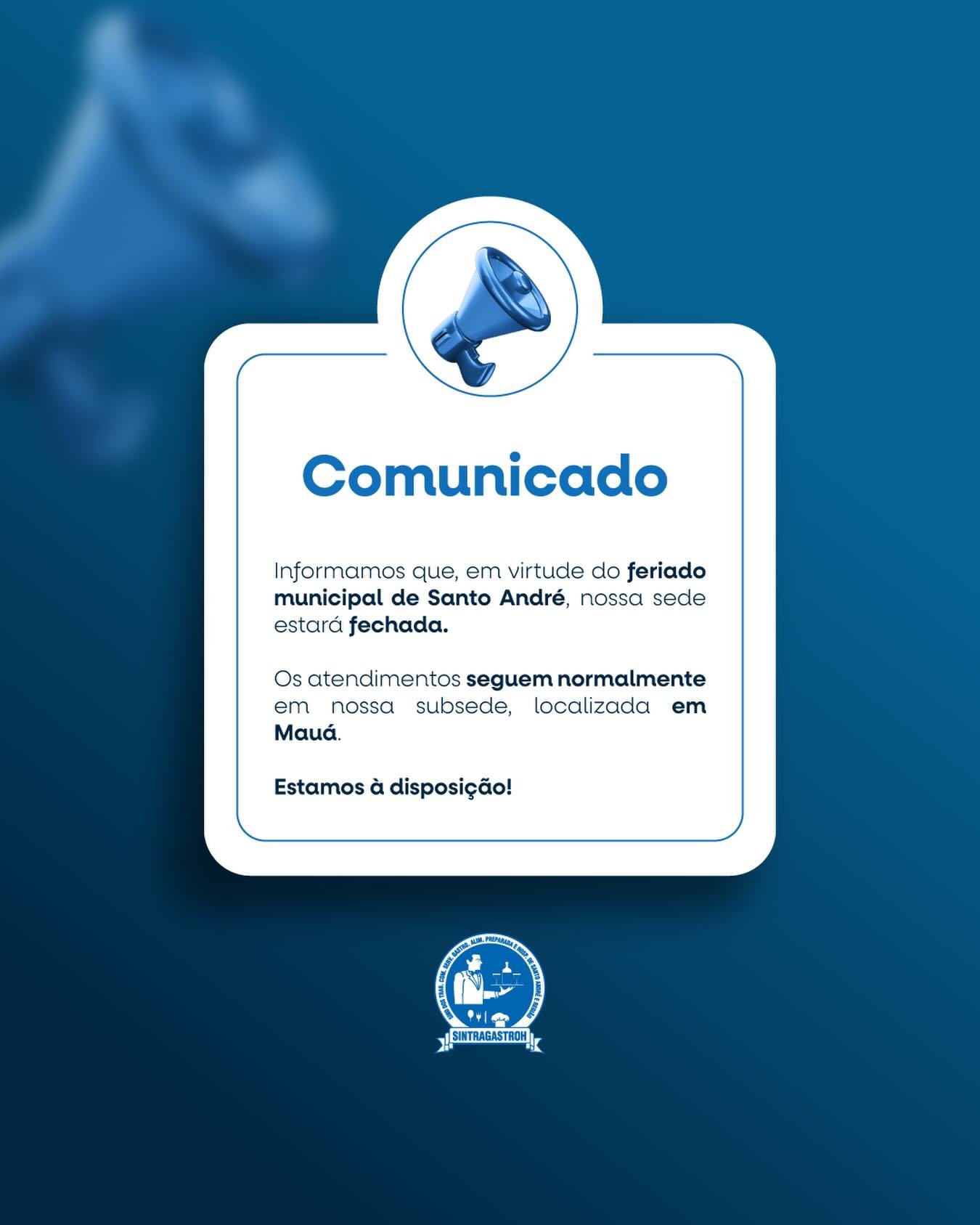 Comunicamos que, devido ao feriado de aniversário de Santo André, a sede estará fechada.A subsede permanece em funcionamento, garantindo o atendimento aos nossos associados.NÃO FIQUE SÓ, FIQUE SÓCIO! ✋🏻
http://sintragastrohsar.com.br/📍 Sede: Av. Padre Anchieta, 315 - Santo André
☎️ (11) 4979-4420
✅ (11) 94724-1425📍 SubSede: Pç. 22 de Novembro, 102 Sala 118 - Mauá
☎️ (11) 4519-7002
✅ (11) 94701-6449