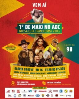 VEM AÍ! 🔥O 1º de Maio no ABC com Gloria Groove, MC IG, Filho do Piseiro e muito mais no palco do maior encontro da classe trabalhadora.📅 1º de maio de 2026 (Sexta-feira, 01/05)⏰ A partir das 9h📍 Paço Municipal de São Bernardo do Campo🎟️ Entrada solidária com doação de 2kg de alimentos não perecíveisÉ dia de celebrar, mas também de ir pra rua fortalecer a luta por direitos, dignidade e um futuro melhor pra quem vive do trabalho.NOSSA LUTA TRANSFORMA VIDAS ✊