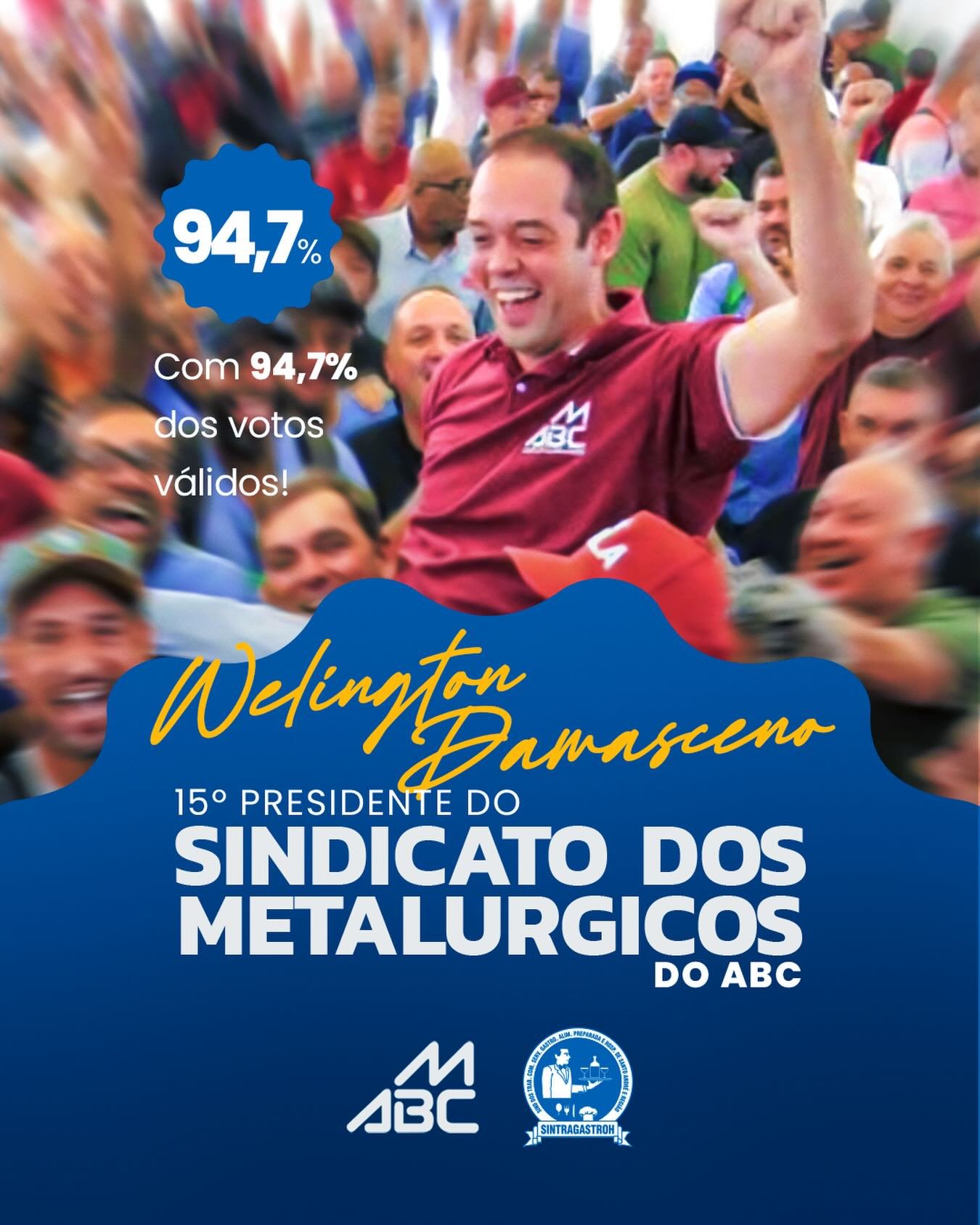 O SINTRAGASTROH SAR parabeniza Wellington Damasceno por assumir como o 15º presidente do @sindmetalabcEleito com 94,7% dos votos válidos, um marco histórico que reforça a confiança da categoria.Desejamos uma gestão de diálogo, força e grandes conquistas!Juntos somos mais fortes! 👏🏻