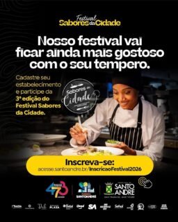 Se você trabalha com comida… esse é o seu momento de brilhar — e de encher a casa também. ✨Até dia 17 de abril, estão abertas as inscrições para o Festival Sabores da Cidade 2026.Uma vitrine incrível para mostrar seu talento, atrair novos clientes e colocar seu negócio no radar de toda a cidade.De 11 de maio a 10 de junho, Santo André vira palco dos sabores locais — e o seu estabelecimento pode fazer parte disso.Vale tudo (do bom mesmo): prato especial, combo criativo ou até aquele rodízio caprichado — desde que venha com uma promoção exclusiva para conquistar o público.🔗 Garanta sua vaga: acesse.santoandre.br/InscricaoFestival2026
📅 Inscrições até 17 de abril, às 17hSe você tem bar, restaurante, lanchonete, padaria, cafeteria ou qualquer negócio que transforme comida em experiência, essa é a hora.Não deixe para a última hora.Uma oportunidade real de crescer, se destacar e mostrar que Santo André também é feita de sabores inesquecíveis.