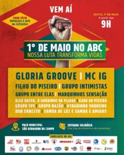 VEM AÍ! 🔥O 1º de Maio no ABC com Gloria Groove, MC IG, Filho do Piseiro e muito mais no palco do maior encontro da classe trabalhadora.📅 1º de maio de 2026 (Sexta-feira, 01/05)⏰ A partir das 9h📍 Paço Municipal de São Bernardo do Campo🎟️ Entrada solidária com doação de 2kg de alimentos não perecíveisÉ dia de celebrar, mas também de ir pra rua fortalecer a luta por direitos, dignidade e um futuro melhor pra quem vive do trabalho.NOSSA LUTA TRANSFORMA VIDAS ✊