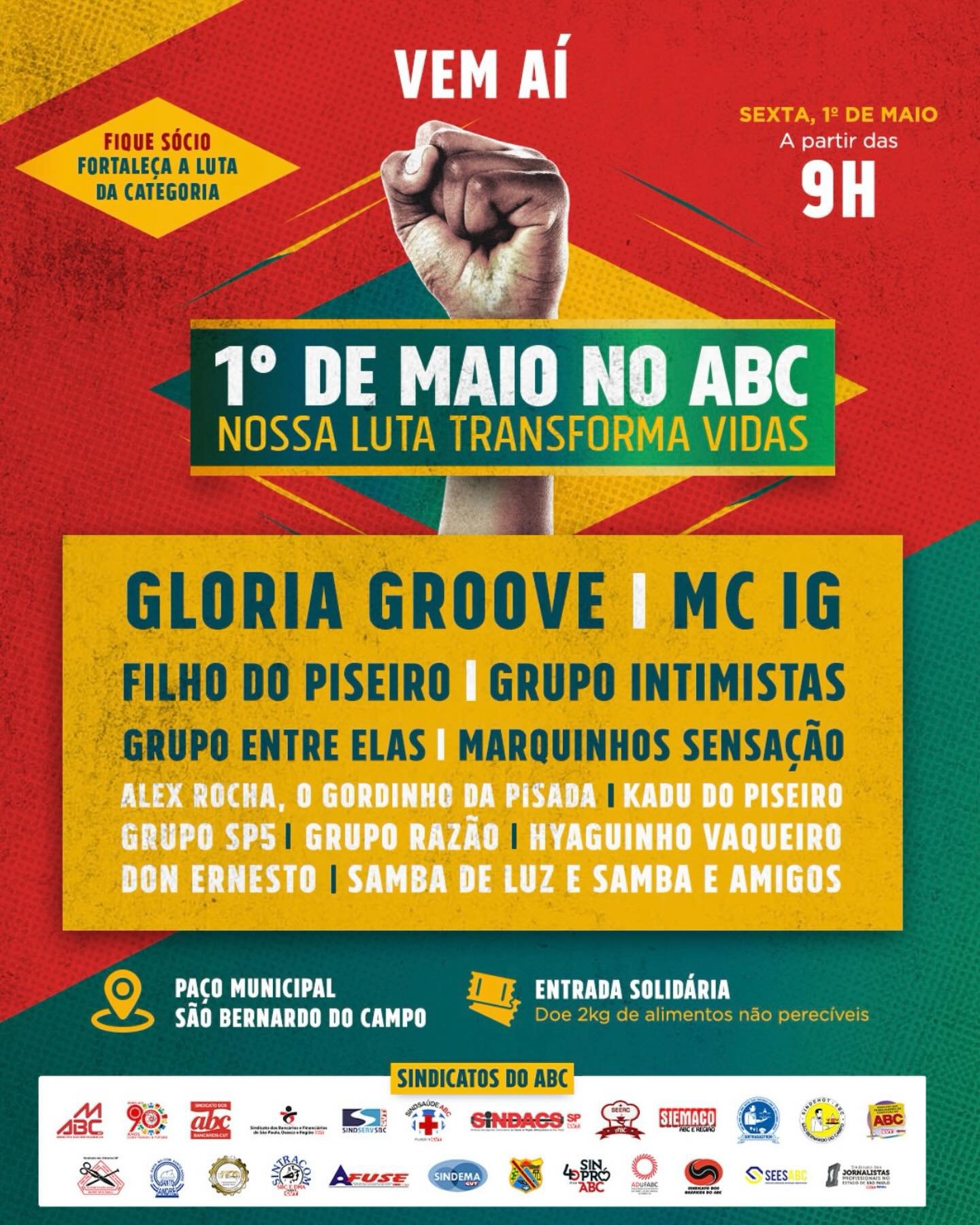 VEM AÍ! 🔥O 1º de Maio no ABC com Gloria Groove, MC IG, Filho do Piseiro e muito mais no palco do maior encontro da classe trabalhadora.📅 1º de maio de 2026 (Sexta-feira, 01/05)⏰ A partir das 9h📍 Paço Municipal de São Bernardo do Campo🎟️ Entrada solidária com doação de 2kg de alimentos não perecíveisÉ dia de celebrar, mas também de ir pra rua fortalecer a luta por direitos, dignidade e um futuro melhor pra quem vive do trabalho.NOSSA LUTA TRANSFORMA VIDAS ✊