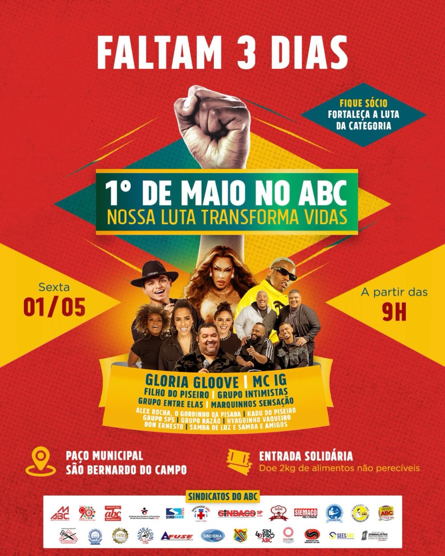 Faltam 3 dias para o maior 1º de Maio do Brasil!O Paço de São Bernardo vai ser palco do grande encontro da classe trabalhadora, com shows, solidariedade e luta por direitos.Vamos nos reunir para defender pautas fundamentais como redução da jornada, fim da escala 6x1 e combate ao feminicídio.A entrada solidária com 2 kg de alimentos não perecíveis reforça o compromisso com quem mais precisa. Nossa luta transforma vidas!
