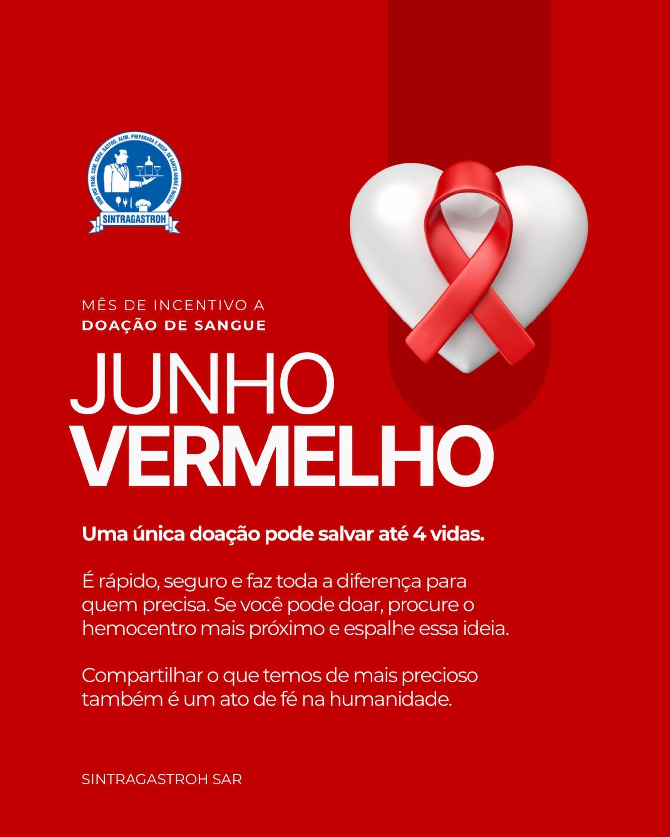 Junho Vermelho é o mês de conscientização sobre a doação de sangue. Um gesto simples, rápido e que pode salvar até 4 vidas. ❤️Doe sangue, espalhe solidariedade e ajude quem mais precisa. Se cada um fizer a sua parte, milhares de vidas podem ser transformadas.