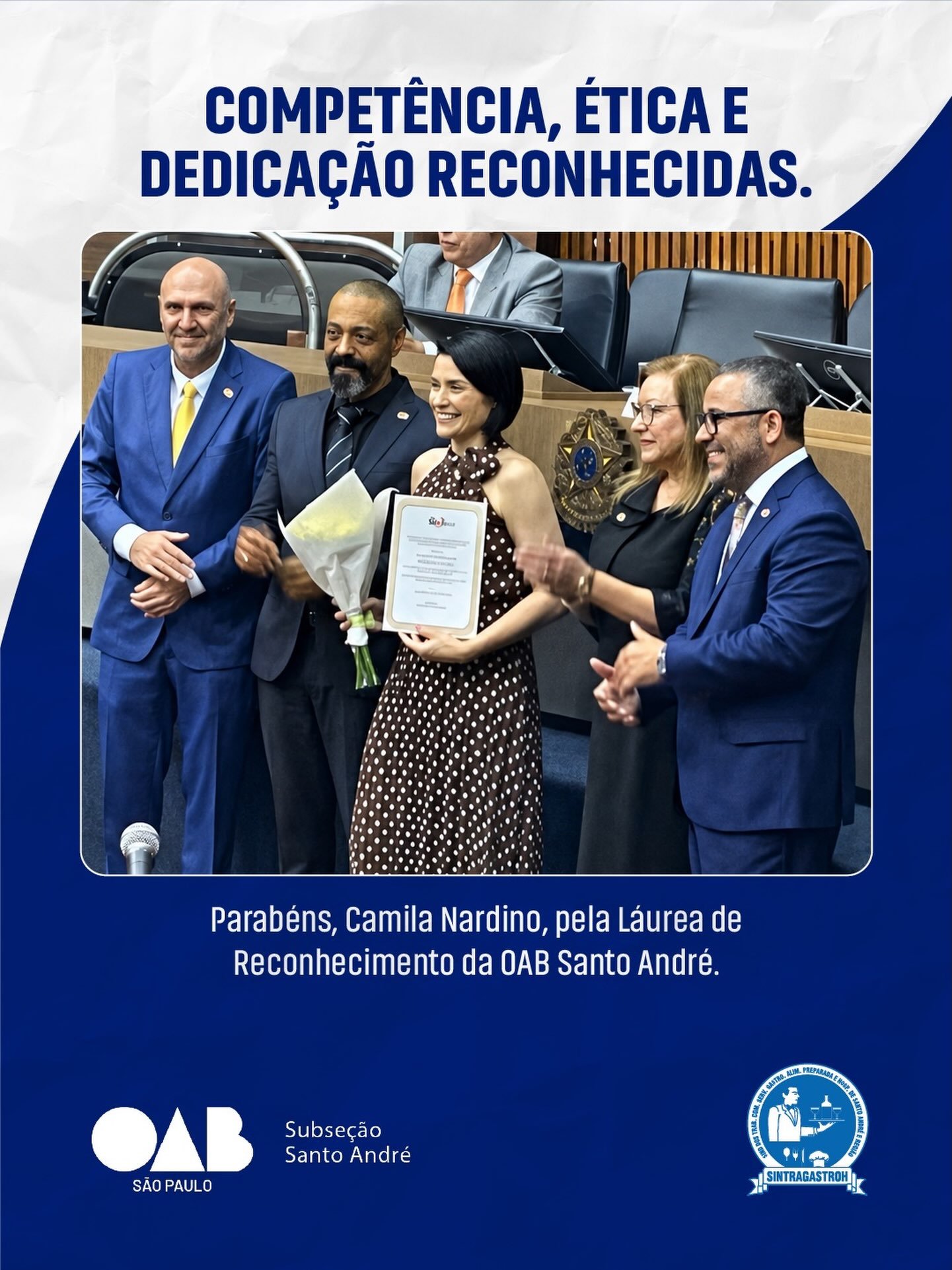 Orgulho que representa toda a nossa categoria!É com grande satisfação que parabenizamos nossa advogada @camilanardino homenageada pela 38ª Subseção da OAB Santo André com a Láurea de Reconhecimento, honraria concedida a profissionais que se destacam pelo trabalho, ética e dedicação à advocacia.A homenagem reconhece sua valiosa contribuição, seu espírito inovador e seu comprometimento com o fortalecimento da advocacia e da instituição.Para nós, do SINTRAGASTROH, é motivo de muito orgulho contar com uma profissional tão competente, dedicada e comprometida com a defesa dos direitos dos trabalhadores.Parabéns, Camila! Que este reconhecimento seja apenas mais um entre tantos que sua trajetória ainda irá conquistar. 👏🏆