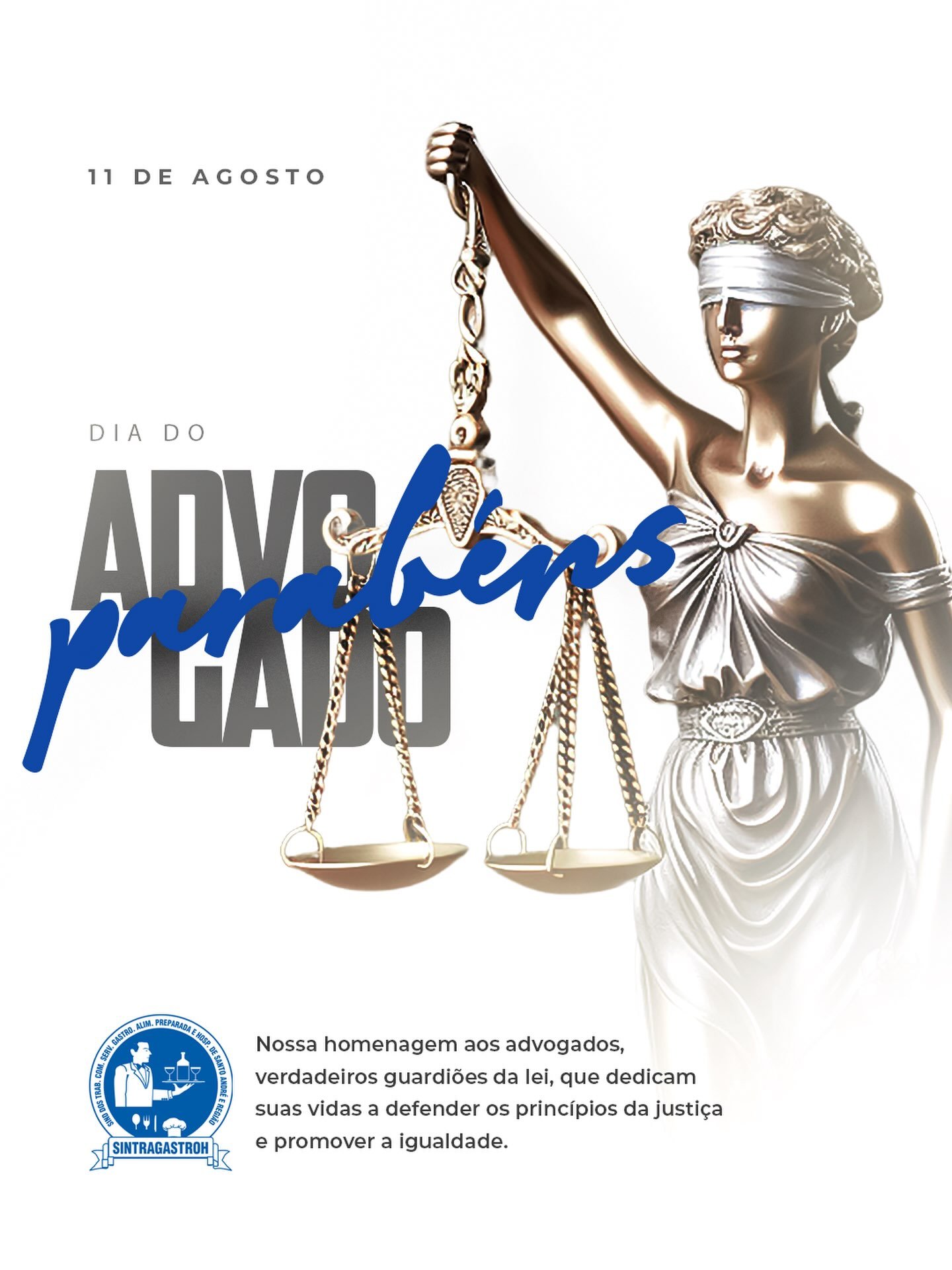⚖️ 11 de agosto | Dia do Advogado e da AdvogadaHoje é dia de homenagear os profissionais que fazem da justiça, da ética e da defesa dos direitos a sua missão diária.O Sindicato parabeniza todos os advogados e advogadas pelo comprometimento, dedicação e importante papel que desempenham em nossa sociedade.Feliz Dia do Advogado e da Advogada!