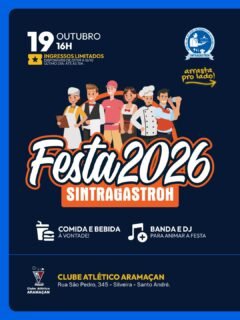 🎉 A MAIOR FESTA DA NOSSA CATEGORIA ESTÁ CHEGANDO!No dia 19 de outubro, temos um encontro marcado no Clube Aramaçan! Uma grande festa preparada com muito carinho para os nossos associados, porque a nossa categoria merece! 💪❤️⚠️ ATENÇÃO: ENTRADA SOMENTE COM CONVITE!🎟️ Os convites são LIMITADOS e poderão ser solicitados pelo nosso aplicativo:
📅 De 07/09 a 16/10
⏰ No último dia, solicitações somente até 15h.Associado, fique atento ao prazo! Acesse o aplicativo, faça a solicitação e garanta o seu convite.ATENÇÃO: Não esqueça também de retirar o vale kit para as crianças de até 12 anos! (teremos entrega de kits no dia da festa).📍 Clube Aramaçan
📅 19 de outubro ás 16hPrepare-se! Estamos cuidando de cada detalhe para fazer uma festa inesquecível para a nossa categoria! 🎊NÃO FIQUE SÓ FIQUE SÓCIO! ✋🏻
http://sintragastrohsar.com.br/Sede: Av. Padre Anchieta, 315 - Jardim, Santo André
☎️ (11) 4979-4420
✅ (11) 94724-1425SubSede: Pç. 22 de Novembro, 102 Sala 118 - Centro, Mauá
☎️ (11) 4519-7002
✅ (11) 94701-6449