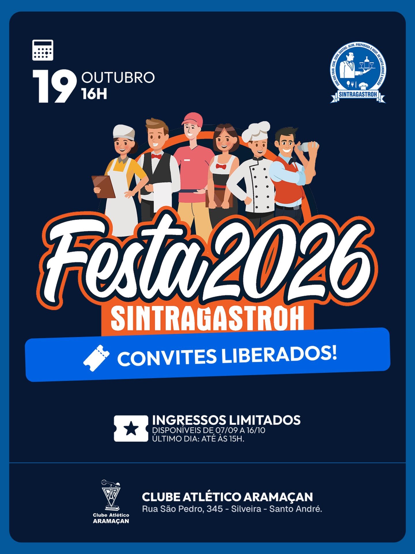 🎟️ CONVITES LIBERADOS! FESTA SINTRAGASTROH SAR 2026 🎉👏🏻 ASSOCIADO(A) ATENÇÃO AS REGRAS.ENTRADA SOMENTE COM CONVITE
Convites limitados, disponíveis de 07/09 a 16/10Para garantir seu CONVITE:📲 CONVITE DIGITAL - Acesse nosso APP (SINTRAGASTROH SAR) na PlayStore (Android) ou App Store (IPhone) clique na opção FESTA SINTRAGASTROH SAR e siga os passos (Link na Bio).ATENÇÃO: Não esqueça também de retirar o vale kit para as crianças de até 12 anos! (teremos entrega de kits no dia da festa).🥳 PARA ENTRAR NA FESTA:
Apresentar convite + documento oficial com foto + 1kg de alimento não perecível (exceto sal e açúcar).📍 LOCAL:
Clube Atlético Aramaçan
Rua Sao Pedro, 345 Bairro Silveira - Santo AndréNÃO FIQUE SÓ FIQUE SÓCIO! ✋🏻
http://sintragastrohsar.com.br/Sede: Av. Padre Anchieta, 315 - Jardim, Santo André
☎️ (11) 4979-4420
✅ (11) 94724-1425SubSede: Pç. 22 de Novembro, 102 Sala 118 - Centro, Mauá
☎️ (11) 4519-7002
✅ (11) 94701-6449