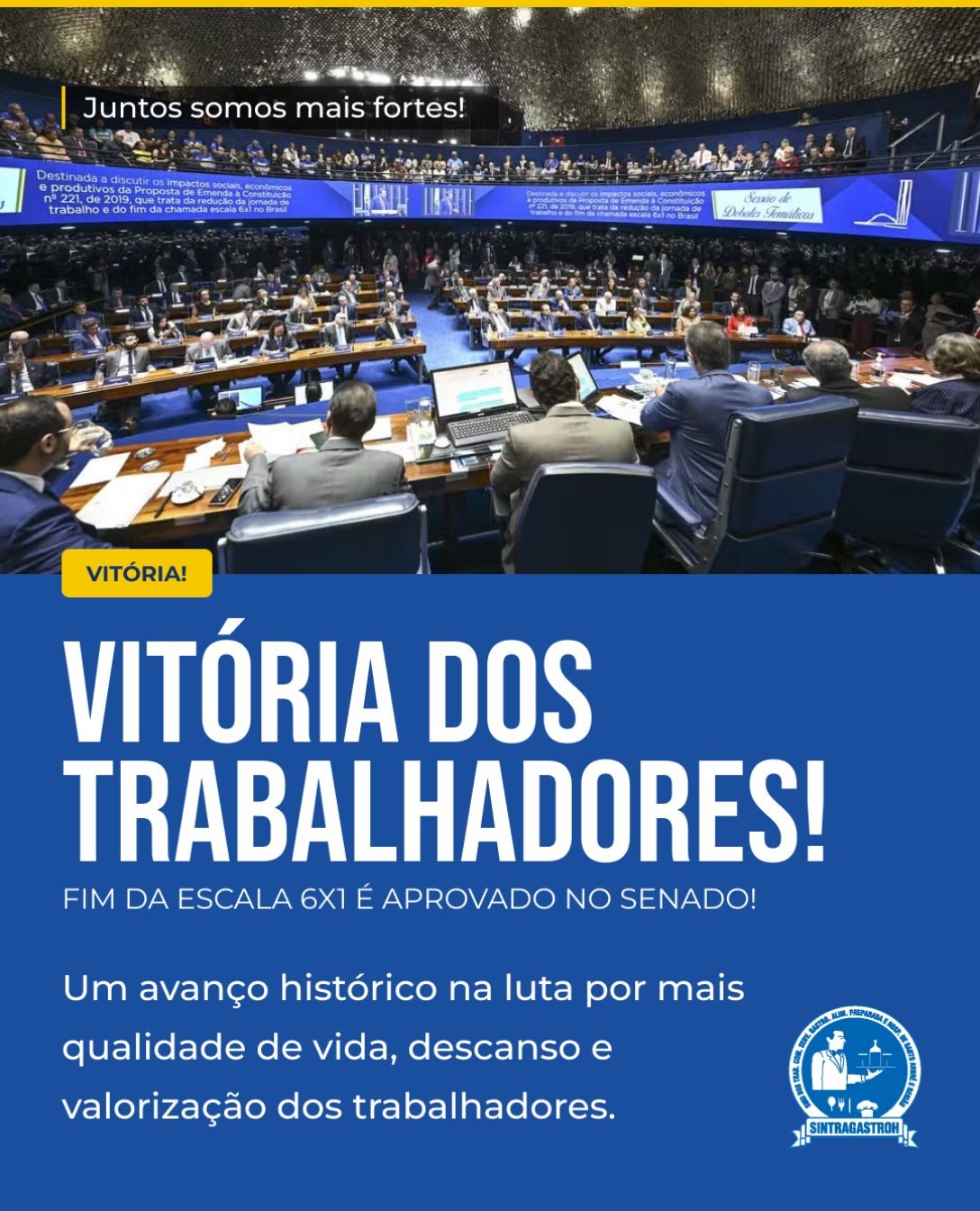 ✊ VITÓRIA DOS TRABALHADORES! UMA CONQUISTA HISTÓRICA! 🇧🇷Hoje é um dia que representa muito mais do que uma votação. Representa a força de milhões de trabalhadores brasileiros que, diariamente, dedicam seu tempo, seu esforço e sua vida ao desenvolvimento do nosso país.O Senado Federal aprovou o fim da escala 6x1! Um marco importante na luta por condições de trabalho mais justas, mais qualidade de vida e pelo direito ao descanso.Porque todo trabalhador merece mais do que viver para trabalhar. Merece tempo para estar com a família, acompanhar o crescimento dos filhos, cuidar da saúde, realizar seus sonhos e aproveitar a vida com dignidade.Essa conquista representa anos de luta, mobilização e união em defesa de quem movimenta a economia e constrói, com o próprio trabalho, o futuro do Brasil.O SINTRAGASTROH SAR reafirma seu compromisso de continuar acompanhando cada etapa dessa transformação, sempre em defesa dos direitos, do respeito e da valorização da nossa categoria.A luta pelos direitos dos trabalhadores continua, e cada avanço merece ser reconhecido!✊ JUNTOS SOMOS MAIS FORTES!SINTRAGASTROH SAR
União • Força • Trabalho • Respeito