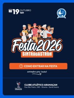 COMO ENTRAR NA FESTA! 🥳Apresentar convite digital ou impresso + documento oficial com foto + 1kg de alimento não perecível (exceto sal e açúcar).⚠️ NÃO SERÁ PERMITIDA A ENTRADA SEM CONVITE!📍 LOCAL:
Clube Atlético Aramaçan
Rua São Pedro, 345 - Bairro Silveira - Santo AndréNÃO FIQUE SÓ, FIQUE SÓCIO! ✋🏻
http://sintragastrohsar.com.br/