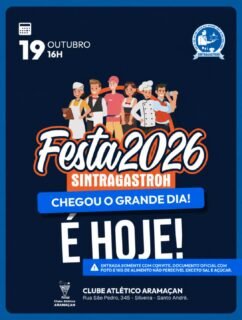🎉 CHEGOU O GRANDE DIA! É HOJE, COMPANHEIROS (AS)Depois de tanta expectativa, chegou o momento de celebrarmos juntos mais uma grande festa do SINTRAGASTROH! 💙Hoje é dia de alegria, diversão, confraternização e, acima de tudo, de valorizar os trabalhadores e trabalhadoras que fazem a diferença todos os dias nos bares, restaurantes, hotéis e similares da nossa região.Preparamos uma festa especial, com muito carinho, para aqueles que são a verdadeira razão da existência do nosso sindicato: VOCÊS, TRABALHADORES (AS) 👏📅 Hoje, 19 de outubro, às 16h
📍 Clube Atlético Aramaçan – Santo André⚠️ Entrada somente com convite, documento oficial com foto e 1 kg de alimento não perecível, exceto sal e açúcar.A FESTA É DO TRABALHADOR. A FESTA É SUA! 💙🎉