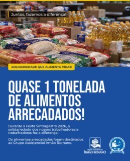💙💛 SOLIDARIEDADE QUE ALIMENTA VIDAS!QUASE 1 TONELADA DE ALIMENTOS ARRECADADOS! 👏❤️A FESTA SINTRAGASTROH 2026 foi muito mais do que um momento de celebração, alegria e união. Foi também uma grande demonstração de solidariedade e amor ao próximo!Graças à generosidade dos nossos trabalhadores, trabalhadoras e de todos que participaram da festa, conseguimos arrecadar quase 1 tonelada de alimentos, que foram destinados ao @irmaoromano contribuindo para levar alimento e esperança a quem mais precisa.🙏 O nosso MUITO OBRIGADO a cada pessoa que fez sua doação! Cada quilo de alimento, cada gesto de carinho e cada contribuição fizeram a diferença para que essa corrente do bem se tornasse realidade.Essa conquista é de todos nós! É a prova de que, quando trabalhadores e trabalhadoras se unem, somos capazes de transformar solidariedade em ações concretas que beneficiam toda a comunidade.O SINTRAGASTROH tem orgulho de representar pessoas que, além de fazerem a diferença todos os dias com seu trabalho, também fazem a diferença na vida de quem mais precisa.💙 Juntos, somos mais fortes. Juntos, fazemos a diferença!SINTRAGASTROH — Um sindicato feito por trabalhadores e para trabalhadores!