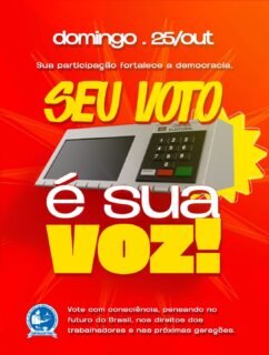 🇧🇷🗳️ O FUTURO DO BRASIL TAMBÉM ESTÁ NAS SUAS MÃOS!Neste domingo, 25 de outubro, temos um compromisso com a democracia, com os nossos direitos e com o futuro do nosso país!O voto é uma das ferramentas mais importantes de transformação da sociedade. É por meio dele que podemos escolher os caminhos que queremos para o Brasil e para as próximas gerações.✊ Como sindicato, seguimos firmes na defesa da classe trabalhadora, da valorização do trabalho, da justiça social e da conquista de mais direitos para todos.Por isso, antes de votar, reflita: quem está comprometido com os direitos dos trabalhadores? Quem defende melhores condições de vida, salários dignos e um país com mais oportunidades e menos desigualdade?Vote com consciência, com responsabilidade e pensando no futuro que queremos construir!🗳️ Neste domingo, faça valer a sua voz. A democracia se fortalece com a sua participação!SINTRAGASTROH SAR — Sempre ao lado dos trabalhadores e trabalhadoras!