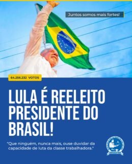🇧🇷✊ A DEMOCRACIA VENCEU! A FORÇA DO POVO BRASILEIRO PREVALECEU!Com 64.256.232 votos @lulaoficial é reeleito presidente da República, conquistando seu quarto mandato e escrevendo mais um capítulo na história política do nosso país!Mais do que uma vitória nas urnas, este é um momento de reafirmar a importância da democracia, da participação popular e da luta por um Brasil mais justo, com oportunidades e dignidade para todos.✊ Para nós, trabalhadores e trabalhadoras, a luta continua! Seguiremos firmes na defesa dos direitos trabalhistas, da valorização dos salários, do emprego digno e de melhores condições de vida para toda a classe trabalhadora.Que este novo mandato seja marcado pelo diálogo, pelo respeito, pela justiça social e por conquistas que façam a diferença na vida de milhões de brasileiros.Porque nenhum direito foi conquistado sem luta, e nenhuma conquista se mantém sem união!🇧🇷 VIVA A DEMOCRACIA! VIVA O BRASIL! VIVA A CLASSE TRABALHADORA!SINTRAGASTROH — Juntos somos mais fortes! ✊