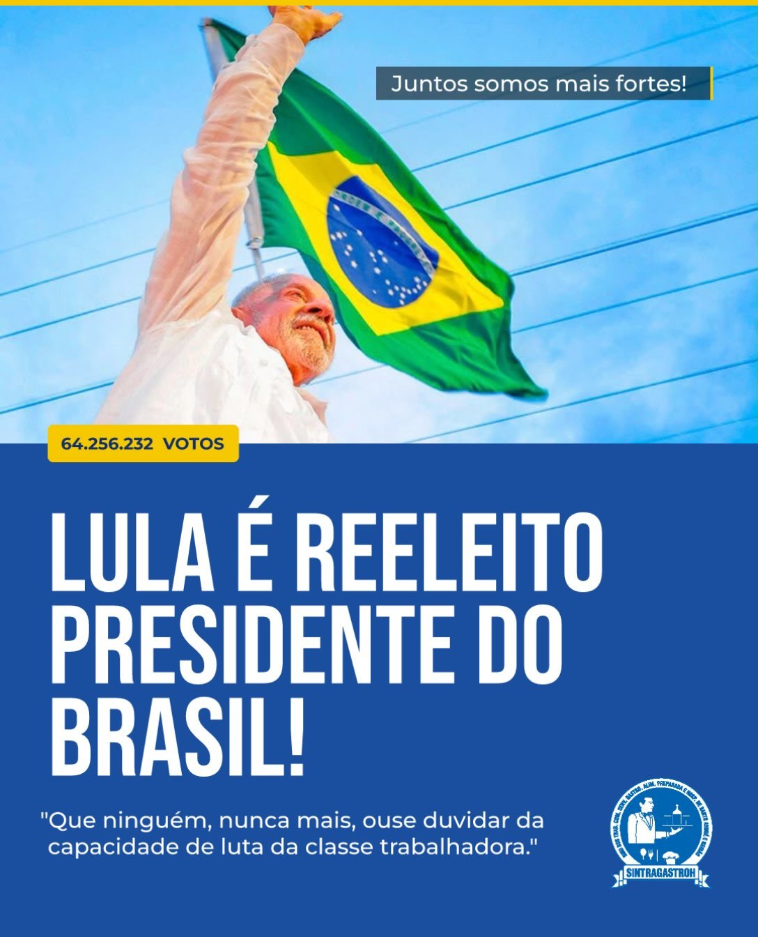 🇧🇷✊ A DEMOCRACIA VENCEU! A FORÇA DO POVO BRASILEIRO PREVALECEU!Com 64.256.232 votos @lulaoficial é reeleito presidente da República, conquistando seu quarto mandato e escrevendo mais um capítulo na história política do nosso país!Mais do que uma vitória nas urnas, este é um momento de reafirmar a importância da democracia, da participação popular e da luta por um Brasil mais justo, com oportunidades e dignidade para todos.✊ Para nós, trabalhadores e trabalhadoras, a luta continua! Seguiremos firmes na defesa dos direitos trabalhistas, da valorização dos salários, do emprego digno e de melhores condições de vida para toda a classe trabalhadora.Que este novo mandato seja marcado pelo diálogo, pelo respeito, pela justiça social e por conquistas que façam a diferença na vida de milhões de brasileiros.Porque nenhum direito foi conquistado sem luta, e nenhuma conquista se mantém sem união!🇧🇷 VIVA A DEMOCRACIA! VIVA O BRASIL! VIVA A CLASSE TRABALHADORA!SINTRAGASTROH — Juntos somos mais fortes! ✊